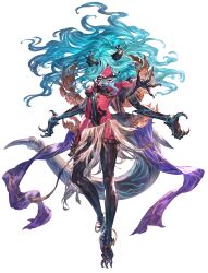  1girl black_thighhighs blue_eyes blue_hair breasts closed_mouth colored_skin extra_arms full_body granblue_fantasy granblue_fantasy_versus:_rising highres horns long_hair official_art one_eye_covered red_skin solo thighhighs third-party_source transparent_background versusia_(granblue_fantasy_versus:_rising) 