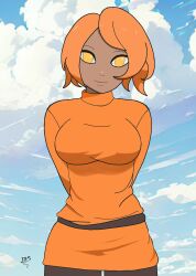  1girl absurdres belt black_skin breasts clothes cloud colored_skin highres looking_at_viewer medium_breasts orange_hair outdoors pants skirt sky smile sweater yellow_eyes yoga_pants  rating:General score:0 user:AnuvisUR
