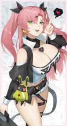  1girl :d absurdres bare_shoulders black_jacket black_ribbon black_shorts blush border breasts cleavage clothing_cutout commentary cowboy_shot cropped_jacket cutoffs earrings green_eyes hair_ornament hair_ribbon hairclip hand_up heart heart_earrings highres holding jacket jewelry large_breasts long_hair long_sleeves looking_at_viewer mato_kuroi micro_shorts midriff mole mole_on_breast mole_under_eye navel nicole_demara open_clothes open_jacket open_mouth outside_border pink_border pink_hair ribbon shorts shoulder_cutout smile solo spoken_heart standing strapless thigh_strap thighs tube_top two_side_up v very_long_hair zenless_zone_zero  rating:Sensitive score:33 user:danbooru