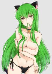  1girl :3 animal_ears bare_shoulders bell black_bra black_panties blush bra breasts c.c. cat_cutout cat_ear_panties cat_ears cat_girl cat_lingerie choker cleavage cleavage_cutout clothing_cutout code_geass collarbone female_focus green_hair hair_between_eyes hair_in_own_mouth hair_over_breasts highres jingle_bell large_breasts lingerie long_hair looking_at_viewer max_melon meme_attire mouth_hold navel neck nipples no_bra off_shoulder panties side-tie_panties smile solo strap_slip underwear underwear_only very_long_hair yellow_eyes  rating:Explicit score:52 user:PurpleHeart000