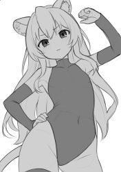  1girl :3 aisaka_taiga animal_ear_fluff animal_ears blush clenched_hand closed_mouth commentary covered_navel cowboy_shot elbow_gloves english_commentary gloves greyscale hair_between_eyes hand_on_own_hip hand_up highres leotard long_hair looking_at_viewer mikoscrub monochrome solo tail tiger_ears tiger_tail toradora! unfinished 