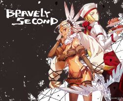  1boy 1girl :q aimee_matchlock angelo_ovo_panettone angelo_panettone apron bare_shoulders bikini blonde_hair bravely_default:_flying_fairy bravely_default_(series) bravely_second:_end_layer breasts bunbun cleavage dark-skinned_female dark_skin elbow_gloves food gloves navel pastry red_eyes swimsuit tattoo thighhighs tongue tongue_out white_hair yellow_eyes  rating:Sensitive score:16 user:danbooru
