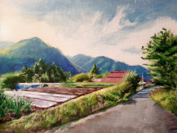  cloud dekus garden hill house japan mountain painting_(action) road scenery street sunlight  rating:Sensitive score:3 user:Dekus