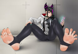  1girl absurdres baggy_pants bare_shoulders black_hair bodysuit breasts candy capcom_cup cellphone chinese_clothes commentary cosplay drill_hair easonx feet food foot_focus foreshortening gloves glowing glowing_eye han_juri highres holding holding_phone hololive hood hood_down hoodie jewelry large_breasts legs lollipop looking_at_viewer nail_polish navel no_shoes ookami_mio ookami_mio_(casual) ookami_mio_(cosplay) pants phone purple_hair smartphone soles solo spikes spread_toes stirrup_legwear street_fighter street_fighter_6 street_fighter_v tank_top toeless_legwear toenail_polish toenails toes twin_drills virtual_youtuber 