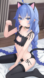  ahoge animal_ears bare_arms bare_shoulders bed_sheet bell black_bra black_choker black_hairband black_panties black_thighhighs blue_eyes blue_hair blush bra braid breasts cat_cutout cat_ear_panties cat_ears cat_lingerie cat_tail choker cleavage_cutout closed_mouth clothing_cutout collarbone commentary_request fake_animal_ears frilled_bra frills hair_between_eyes hairband highres hijouguti indoors jingle_bell long_hair looking_at_viewer low_twintails meme_attire mushoku_tensei neck_bell panties paw_pose roxy_migurdia side-tie_panties sitting small_breasts tail thighhighs twin_braids twintails underwear underwear_only very_long_hair wariza wooden_floor 