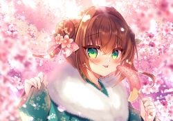  1girl :p asakura_yume blue_kimono blurry blurry_foreground blush bow branch brown_hair chocolate_banana closed_mouth commentary_request da_capo da_capo_ii depth_of_field double_bun floral_print flower food fur_collar green_eyes hair_between_eyes hair_bow hair_bun hair_flower hair_intakes hair_ornament hands_up holding holding_food japanese_clothes kimono long_hair long_sleeves looking_at_viewer pink_bow pink_flower print_kimono sleeves_past_wrists smile solo suzunone_rena tongue tongue_out upper_body wide_sleeves 