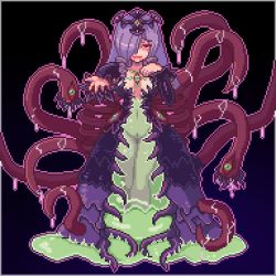  1girl blush colored_sclera corruption curly_hair dark_persona dress drill_hair exet francisca_mistel_lescatie living_clothes looking_at_viewer lowres monster_girl monster_girl_encyclopedia monster_girl_encyclopedia_world_guide_i:_fallen_maidens pixel_art purple_hair pussy red_eyes red_sclera revealing_clothes roper roper_(monster_girl_encyclopedia) roper_francisca see-through slime_(substance) slit_pupils smile solo tentacles tiara translucent see-through_body 