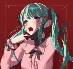  1girl bandaid bandaid_on_neck bat_wings black_ribbon blush center_frills commentary ear_piercing fangs frills hair_ornament hatsune_miku heart highres jewelry long_hair long_sleeves looking_at_viewer mask mask_pull mouth_mask open_mouth piercing pink_shirt ribbon shirt skirt smile solo spring_onion_earrings tolydraw twintails upper_body vampire_(vocaloid) vocaloid wings 