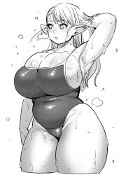 1girl arm_up armpits bad_id bad_twitter_id belly breasts bursting_breasts cleavage covered_navel curvy elf-san_wa_yaserarenai. elfuda_(elf-san_wa_yaserarenai.) greyscale highres huge_breasts long_hair monochrome parted_lips plump pointy_ears solo sweat swimsuit synecdoche thick_thighs thighs wet rating:Sensitive score:157 user:danbooru