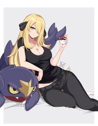  1girl absurdres arm_rest artist_logo black_pants black_shirt blonde_hair border breasts cleavage closed_mouth creatures_(company) cynthia_(pokemon) denim game_freak garchomp gen_4_pokemon grey_eyes hair_ornament hair_over_one_eye hand_up highres holding holding_poke_ball jeans large_breasts long_hair looking_at_viewer lying martin_the_master midriff_peek nintendo on_side pants poke_ball poke_ball_(basic) pokemon pokemon_dppt shirt short_sleeves solo stuffed_toy very_long_hair white_border 