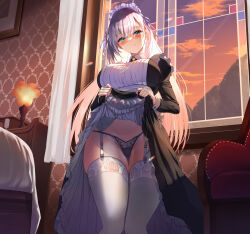 1girl black_panties blue_eyes blush cameltoe chair clothes_lift cloud commentary_request curtains dress dress_lift eel_mizue garter_belt garter_straps gluteal_fold grey_hair highres indoors lamp lifting_own_clothes long_hair looking_at_viewer maid maid_headdress original panties smile solo thighhighs underwear white_thighhighs window rating:Questionable score:24 user:danbooru