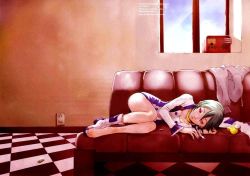  00s 1girl couch electrical_outlet eureka_(eureka_seven) eureka_seven eureka_seven_(series) green_hair lying radio red_eyes sad sepia solo toy  rating:Sensitive score:6 user:El_Taco
