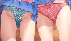  2girls blue_panties blue_skirt bow bow_panties cameltoe christine_(yu-gi-oh!_duel_links) commission crotch_seam floral_print floral_print_panties hailey_(yu-gi-oh!) head_out_of_frame highres legs lower_body multiple_girls panties pixiv_commission pleated_skirt polka_dot polka_dot_panties print_panties skirt standing thighs torimaru underwear upskirt yu-gi-oh! yu-gi-oh!_duel_links 