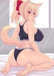  1girl :o animal_ears ass bare_arms bare_shoulders barefoot blonde_hair blush breasts cat_ears cat_girl cat_tail commentary english_commentary feet from_behind highres kneeling large_breasts long_hair looking_at_viewer looking_back nottytiffy open_mouth original panties patreon_username ponytail red_eyes sleeveless soles solo tail thighs tiffy_(nottytiffy) toes underwear  rating:Sensitive score:41 user:danbooru