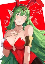  1girl alternate_costume alternate_hairstyle animal_ears breasts brown_pantyhose cleavage commentary english_commentary fake_animal_ears fingernails fire_emblem fire_emblem_awakening green_eyes green_hair green_nails grin hair_ornament hand_on_own_chest highres large_breasts leotard lips long_hair nintendo one_eye_closed pantyhose pink_lips pointy_ears rabbit_ears red_leotard sakuremi signature smile solo strapless strapless_leotard tiki_(adult)_(fire_emblem) tiki_(fire_emblem) very_long_hair 