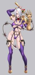  1girl absurdres armor boots breasts butcha-u closed_mouth detached_collar earrings gauntlets gloves green_eyes hair_over_one_eye highres isabella_valentine jewelry large_breasts leotard lipstick looking_at_viewer makeup purple_hair purple_leotard revealing_clothes short_hair shoulder_pads simple_background solo soul_calibur soulcalibur soulcalibur_iv thighhighs thong_leotard underboob underwear weapon whip_sword white_hair  rating:Sensitive score:70 user:danbooru