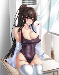 1girl absurdres arm_at_side bare_shoulders black_one-piece_swimsuit blush breasts brown_hair classroom closed_mouth collarbone collared_shirt competition_swimsuit counter:side covered_erect_nipples covered_navel desk dress_shirt elbow_gloves elze_(s01047480836) eyelashes gloves hair_tie head_tilt heart highleg highleg_swimsuit highres indoors korean_commentary large_breasts legs_together long_hair long_sleeves looking_at_viewer multicolored_clothes multicolored_swimsuit off_shoulder on_desk one-piece_swimsuit open_clothes open_shirt parted_lips ponytail purple_eyes red_one-piece_swimsuit school_desk school_swimsuit shinai shirt sitting on_desk skindentation smile solo sweat swimsuit sword thighhighs thighs two-tone_swimsuit very_long_hair weapon white_gloves white_shirt white_thighhighs window wing_collar wooden_sword yoo_mina rating:Questionable score:47 user:danbooru