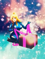  1girl absurdres breasts christmas female_focus gift gradient_background highres metroid nintendo solo space  rating:Sensitive score:3 user:cforce25