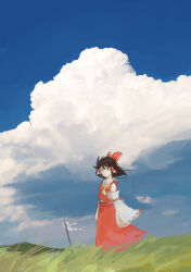  1girl absurdres ascot blue_sky bow brown_eyes brown_hair closed_mouth cloud cloudy_sky collared_shirt commentary_request day detached_sleeves expressionless flat_chest fn2188 frilled_bow frilled_hair_tubes frills full_body gohei grass hair_bow hair_tubes hakurei_reimu highres looking_at_viewer medium_bangs medium_hair outdoors planted_gohei red_bow red_shirt red_skirt ribbon-trimmed_sleeves ribbon_trim shirt sidelocks skirt skirt_set sky sleeveless sleeveless_shirt solo standing touhou white_sleeves wide_sleeves wind yellow_ascot 