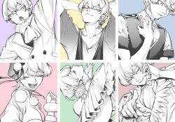  1boy androgynous arm_up arms_behind_head arms_up bad_id bad_twitter_id closed_mouth coat collared_shirt earrings expressions facing_viewer greyscale_with_colored_background hand_on_own_chest hand_up headset highres image_sample inactive_account jewelry king_of_prism kisaragi_louis looking_at_viewer male_focus multiple_views necklace open_mouth pointing pointing_at_viewer pretty_rhythm pretty_series scarf shirt short_hair short_sleeves simple_background smile twitter_sample upper_body zashima 