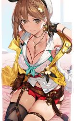 1girl atelier_(series) atelier_ryza atelier_ryza_2 belt beret boots braid breasts brown_belt brown_eyes brown_hair brown_legwear cleavage closed_mouth collarbone commentary_request hair_ornament hat hews highres jewelry key key_necklace large_breasts looking_at_viewer necklace red_shorts reisalin_stout short_hair short_shorts shorts side_braid sitting smile solo star_(symbol) star_necklace sweat thighs white_hat white_legwear rating:Sensitive score:88 user:danbooru