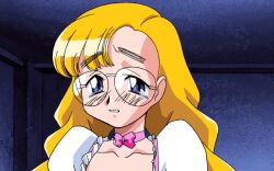  1girl 2000 animated animated_gif anna_miller blonde_hair blue_eyes braid choker closed_eyes collarbone crying game_cg glasses karin_(viper) open_mouth pc-98_(style) pink_choker retro_artstyle ribbon_choker round_eyewear sogna solo tears teeth twin_braids twintails viper viper_gtb waitress 