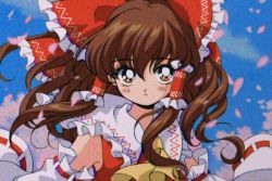  1990s_(style) 1girl anime_coloring ascot bad_id bad_pixiv_id blush bow brown_hair cherry_blossoms detached_sleeves film_grain hair_bow hair_tubes hakurei_reimu long_hair looking_at_viewer pikiru red_bow retro_artstyle ribbon-trimmed_sleeves ribbon_trim sky solo spring_(season) touhou tree upper_body 