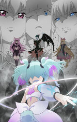  4girls absurdres angry back_bow black_dress blonde_hair blue_eyes blue_hair bow choker commentary_request cure_supreme dark_dream dark_precure detached_sleeves dokidoki!_precure dress elbow_gloves frown gloves green_hair hair_ornament heartcatch_precure! highres long_hair magical_girl multicolored_hair multiple_girls one_eye_closed pantyhose pink_eyes pink_hair precure precure_all_stars_f purple_eyes purple_hair que415 regina_(dokidoki!_precure) scowl serious short_hair single_wing standing tail thighhighs twintails wings yes!_precure_5 
