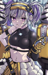  1girl black_shirt blush breasts clothes_around_waist crop_top drilley_(nikke) earrings gloves goddess_of_victory:_nikke grey_hair holding jacket jacket_around_waist jewelry kakuzatou_(cubesugar03196) looking_at_viewer medium_breasts midriff multicolored_hair navel open_mouth pink_eyes purple_hair shirt short_twintails single_sleeve solo streaked_hair twintails two-tone_hair yellow_gloves 