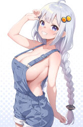  1girl absurdres ahoge blue_background blue_eyes blue_overalls braid braided_ponytail breasts cleavage clenched_teeth collarbone commentary_request gradient_background grey_hair hair_ornament highres kizuna_akari large_breasts long_hair looking_at_viewer naked_overalls overalls polka_dot polka_dot_background smile solo sonao standing teeth voiceroid white_background 