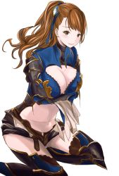  10s 1girl armor armored_boots ayubee beatrix_(granblue_fantasy) blue_ribbon boots breasts brown_eyes brown_hair cleavage cleavage_cutout clothing_cutout granblue_fantasy hair_ornament hair_ribbon highres kneeling long_hair looking_at_viewer navel ribbon simple_background solo white_background 