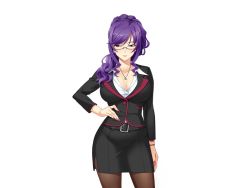  1girl artist_request belt black_lilith breasts business_suit character_request formal game_cg glasses hand_on_own_hip hip_focus huge_breasts lipstick long_hair makeup nail_polish nobushito_kuro purple_hair red_eyes smile solo suit  rating:Sensitive score:59 user:Chisame_Tenshi