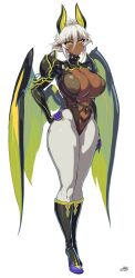  absurdres boots breasts claws cleavage cleavage_cutout clothing_cutout curvy dark-skinned_female dark_skin highres horns large_breasts no_bra ookuma_nekosuke open_clothes revealing_clothes shinmai_maou_no_testament standing thick_thighs thighs white_hair wide_hips wings yellow_eyes zest  rating:General score:58 user:kkhhheeee