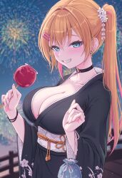  1girl aerial_fireworks black_choker black_kimono blonde_hair blue_eyes blurry blurry_background breasts candy_apple choker commentary_request earrings fingernails fireworks floral_print food grin hair_between_eyes hair_ornament hairclip hands_up heartsix highres holding holding_food japanese_clothes jewelry kanzashi kimono kinchaku large_breasts light_blush long_fingernails long_hair long_sleeves looking_at_viewer mole mole_on_breast multicolored_hair night o-ring o-ring_choker obi original outdoors pink_hair ponytail pouch print_kimono sash smile solo streaked_hair upper_body white_sash wide_sleeves 