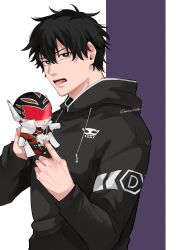 1boy absurdres black_eyes black_jacket character_doll hair_between_eyes highres holding holding_stuffed_toy jacket long_sleeves male_focus peptidase77398 red_keeper sentai_daishikkaku sentouin_d standing stuffed_toy tongue tongue_out