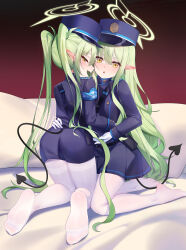  2girls absurdres ass black_hat blue_archive blush demon_tail feet full_body gloves green_hair green_halo halo hat highres hikari_(blue_archive) legs long_hair long_sleeves looking_at_viewer multiple_girls no_shoes nozomi_(blue_archive) open_mouth pantyhose peaked_cap pointy_ears siblings sisters tail thighband_pantyhose twins white_gloves white_pantyhose xingchee yellow_eyes 