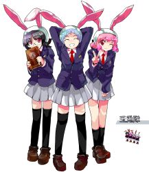  3girls alphes_(style) animal_ears blazer book rabbit_ears extra female_focus full_body highres inaba_of_the_moon_and_inaba_of_the_earth jacket moon_rabbit_extra_(touhou) multiple_girls parody pfalz reisen short_hair silent_sinner_in_blue standing style_parody thighhighs touhou transparent_background 
