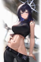  1girl bare_arms belt black_belt black_gloves black_hair black_hat black_pants black_shirt blue_archive blue_eyes blue_hair blurry blurry_background blush breasts buckle chest_harness clenched_teeth clothes_pull cowboy_shot crop_top dark_blue_hair dfm_(darknessdfm) gloves groin halo harness hat highres long_hair looking_at_viewer medium_breasts midriff navel no_headwear no_mask pants pants_pull parted_lips pulling_own_clothes saori_(blue_archive) shirt sleeveless sleeveless_shirt sleeveless_turtleneck sleeveless_turtleneck_crop_top snap-fit_buckle solo standing teeth turtleneck underbust wet wet_hair  rating:Sensitive score:77 user:danbooru