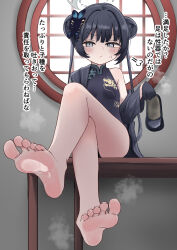  1girl architecture bare_legs barefoot black_hair blue_archive blush check_translation chinese_clothes crossed_legs cum cum_on_body cum_on_feet double_bun east_asian_architecture feet foot_focus frown hair_bun highres kisaki_(blue_archive) legs long_hair looking_at_viewer lts_kakuyo nose shoes single_shoe sitting soles steam sweatdrop table toes translated translation_request unworn_shoes window  rating:Questionable score:53 user:RickRoss