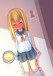 1girl arms_behind_back artist_request bathroom_sign blonde_hair blue_sailor_collar blue_skirt blush closed_eyes dutch_angle embarrassed female_focus have_to_pee loli long_sleeves neckerchief original peeing peeing_self pleated_skirt red_neckerchief sailor_collar school_uniform serafuku shirt simple_background skirt socks solo standing sweat text_focus toilet_symbol trembling urine_meter wet wet_clothes wet_skirt white_shirt white_socks rating:Questionable score:24 user:AngryZapdos