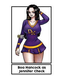  arm_behind_head black_hair blue_eyes boa_hancock breasts cheerleader dress earrings iury_padilha jewelry large_breasts one_piece purple_skirt short_dress skirt tagme wide_hips  rating:Questionable score:20 user:MarineCaptainKoby