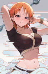  1girl absurdres armpits arms_up bangle belt blush bracelet breasts brown_shirt commentary cropped_shirt highres jewelry log_pose looking_at_viewer medium_breasts nami_(one_piece) navel one_piece orange_eyes orange_hair shirt short_hair short_sleeves smile solo sooon twitter_username  rating:Sensitive score:70 user:danbooru