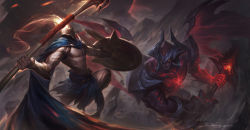 aatrox armor battle blue_cape cape closed_mouth demon demon_boy dengyue eclipse epic fire glowing glowing_eyes greatsword helmet highres holding holding_polearm holding_shield holding_spear holding_sword holding_weapon horns injury league_of_legends looking_at_another mountain navel nipples orange_eyes pantheon_(league_of_legends) pauldrons polearm rubble scar scar_on_stomach scratches shield shoulder_armor signature spear sword tattoo torn_cape torn_clothes vambraces weapon wings rating:Questionable score:12 user:danbooru