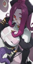  1girl breasts claws colored_tongue fangs freckles glasses gloves hata4564 highres horns jewelry large_breasts long_hair long_tongue monster_girl necklace original pale_skin purple_hair purple_tongue red_eyes snake stomach_mouth tongue 