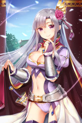 1girl asymmetrical_bangs bad_id bad_pixiv_id belt blue_sky blunt_bangs breasts bridal_gauntlets cape center_opening character_request cleavage cloud copyright_request day flower hair_flower hair_ornament jewelry large_breasts long_hair looking_at_viewer mvv navel puffy_short_sleeves puffy_sleeves short_sleeves silver_hair sky smile solo vambraces rating:Sensitive score:20 user:danbooru