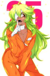  10s 1boy bandage_over_one_eye bandaged_arm bandages dark_skin eggplant_(artist) finger_to_face green_hair hair_between_eyes jumpsuit leaning_forward long_hair male_focus nanbaka nico_(nanbaka) open_clothes open_mouth open_shirt prison_clothes red_eyes sharp_teeth shirt solo sparkle standing tattoo teeth zipper 