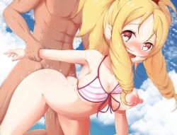  1boy 1girl all_fours arm_behind_back arm_grab arm_support ass bikini bikini_top_lift bikini_top_only blonde_hair blush bottomless breasts brown_eyes clothes_lift cloud cloudy_sky collarbone dark-skinned_male dark_skin doggystyle dot_nose eromanga_sensei ether_core eyebrows_hidden_by_hair female_focus front-tie_bikini_top front-tie_top head_out_of_frame highres large_areolae large_breasts looking_at_viewer medium_hair multicolored_eyes muscular muscular_male navel nose_blush one_breast_out open_mouth parted_bangs pink_bikini pointy_ears puffy_nipples red_eyes ringlets sex sex_from_behind sidelocks sky smile solo_focus stomach string_bikini striped_bikini striped_clothes swimsuit teeth thick_thighs thighs vaginal white_bikini yamada_elf 