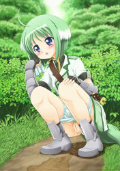 1girl ahoge animal_ears armor blue_eyes blush boots bush cleft_of_venus dog_days dog_ears dog_tail eclair_martinozzi female_focus female_pubic_hair gauntlets grass green_hair kahis_(sweetbriar) loli open_mouth outdoors panties panty_pull peeing pubic_hair puddle pussy shirt skirt solo squatting tail tissue tree uncensored underwear rating:Explicit score:66 user:BaronArgyleSven