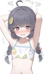  1girl ahoge armpits arms_behind_head arms_up bikini black_hair blue_archive blush braid collarbone commentary flat_chest grey_halo halo highres leaf leaf_on_head leaf_print looking_at_viewer miyu_(blue_archive) miyu_(swimsuit)_(blue_archive) navel open_mouth pomu_(sonkim38792391) print_bikini purple_eyes simple_background solo swimsuit twin_braids upper_body wavy_mouth white_background white_bikini  rating:Sensitive score:54 user:danbooru