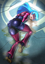  1girl ass belt blue_hair blush bodysuit boots breasts defeat female_focus gloves highres injury kula_diamond long_hair lying on_stomach open_mouth pain pants peeing peeing_self punching purple_eyes rolling_eyes runny_makeup ryona saliva shiny_clothes sideboob skin_tight snk soramin stomach_punch tears the_king_of_fighters tight_clothes tight_pants tongue tongue_out very_long_hair violence vomit zipper  rating:Questionable score:47 user:armorcrystal